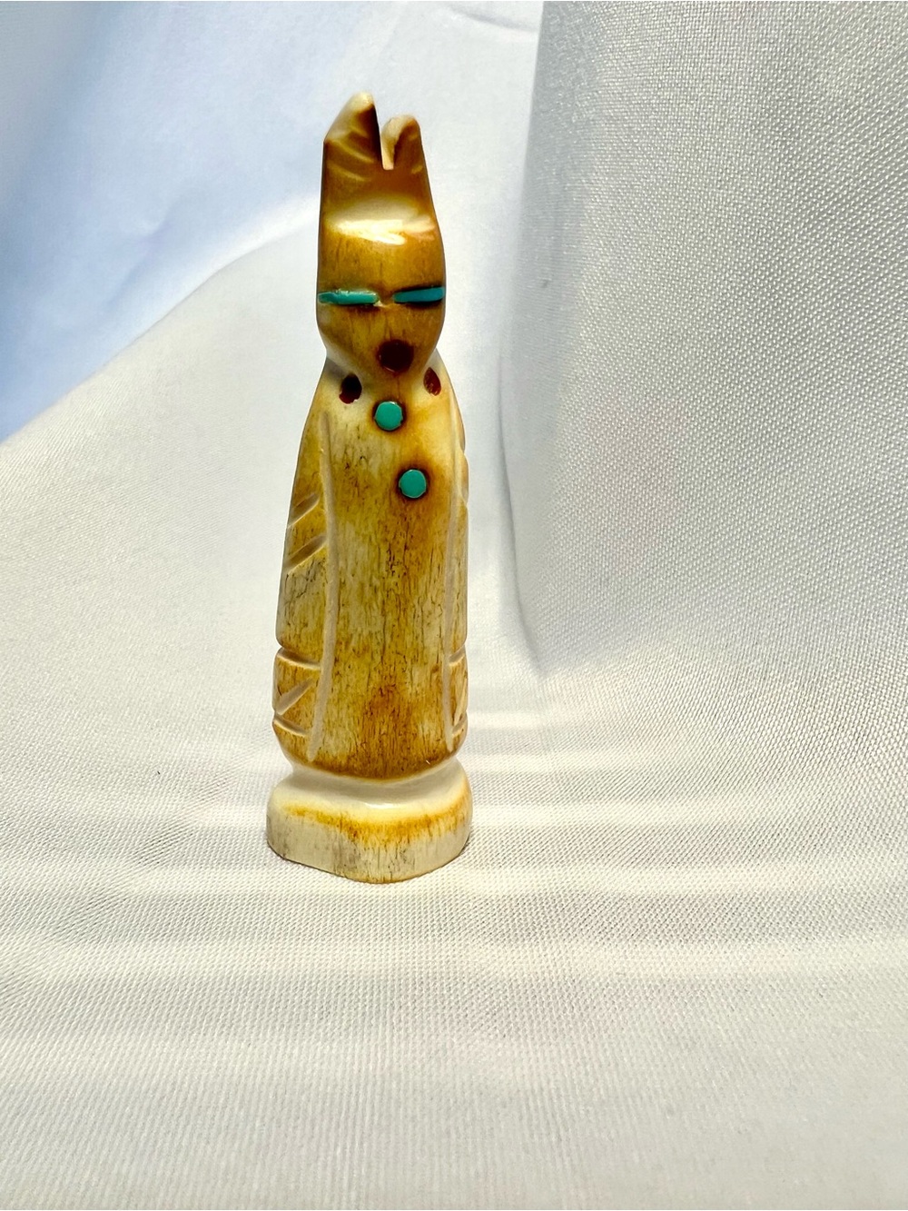 Zuni Corn Maiden Fetish carved in bone antler with inlaid turquoise, 2” tall
